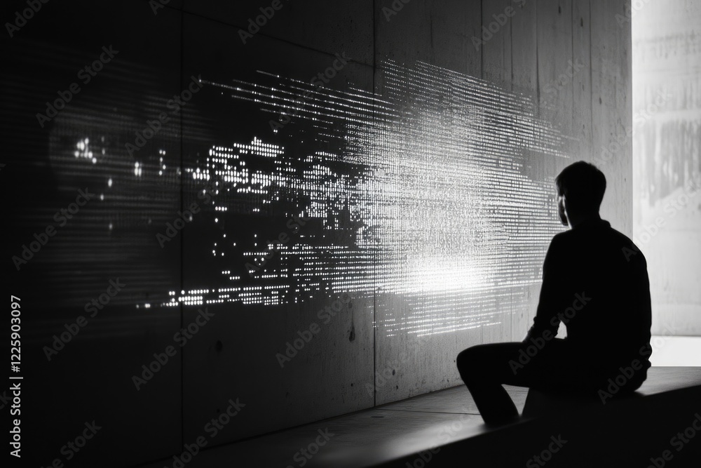 Poster silhouette of a person sitting and observing a wall projection of light patterns resembling data str