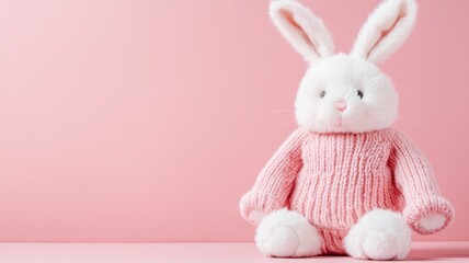 Cute white plush bunny in pink sweater on pastel background