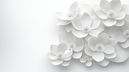 Magnolia blossoms, soft whites with intricate petal shapes, 3D illustration
