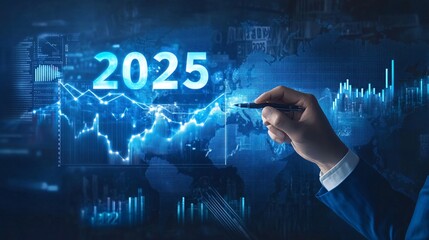 Businessman analyzing business growth graph for year 2025 on digital interface