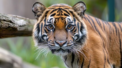 Obraz premium Majestic tiger staring intensely, zoo enclosure, blurred background, wildlife conservation