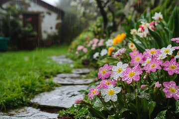 Naklejka premium The peaceful scene of a cottage garden in early spring, with dew on the freshly bloomed flowers.