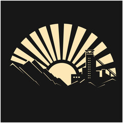 Industrial mining landscape with mountains and rising sun rays. Black and yellow vector illustration. Energy and industry concept for design and print