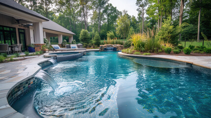 A luxurious backyard swimming pool with a waterfall feature, surrounded by a stone patio, lounge chairs, and lush greenery.