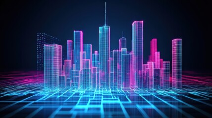 Neon Cityscape Digital Wireframe Model Architecture