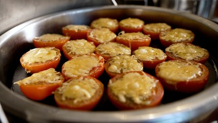 Delicious tomatoes au gratin warming on buffet table
