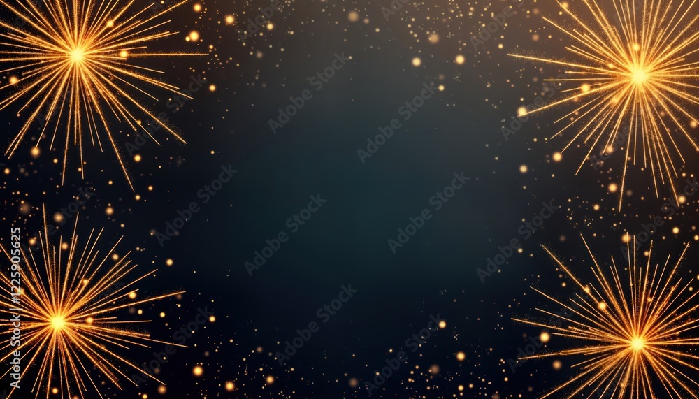 Poster golden fireworks explode against a dark background filled with glittery particles. sparkling gold bu