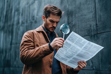 A man carefully examines a document using a magnifying glass, scrutinizing the details.