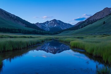 The quiet solitude of a high mountain tarn, reflecting the surrounding peaks and the sky at dusk.