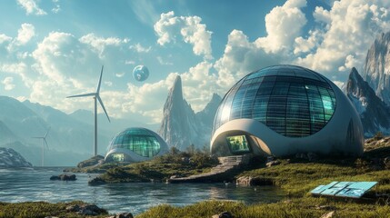 Green energy harvest with windmill and solar panels for eco-green sustainable concept