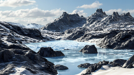 Obraz premium A striking contrast of volcanic rock and ice, with jagged black lava formations partially covered by clear, crystalline ice. Lava Lagoon. Illustration