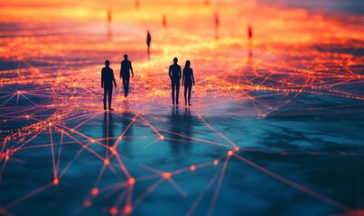 Silhouetted figures walk on glowing, networked landscape.