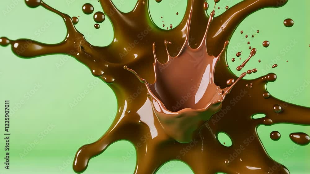 Poster splashing chocolate on green background capturing dynamic motion with vivid contrast suitable for fo