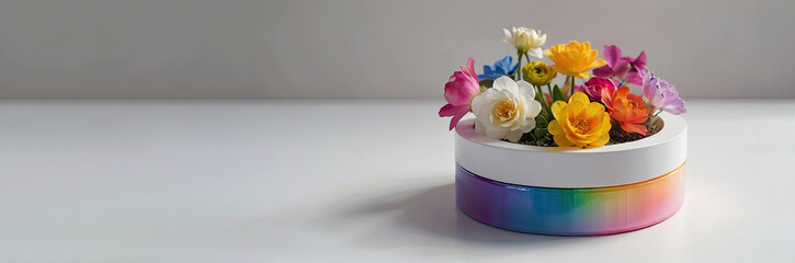 Bright multicolored flowers in a round rainbow box on a light background