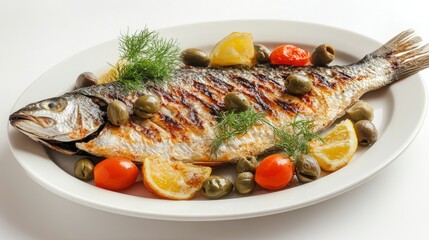 Grilled fish with lemon, olives, and tomatoes.
