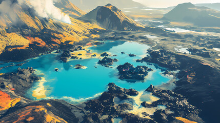 Aerial view of the tranquil blue lagoon in iceland with its geothermal waters surrounded by lava fields, blue lagoon. Lava Lagoon. Illustration