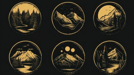 Six circular vintage mountain and forest illustrations.