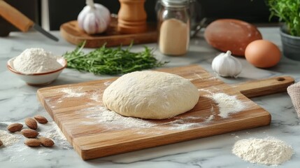 Fototapeta premium Fresh sourdough bread and ingredients. Sliced loaf of rye bread on cutting board, yeast dough and flour on white table, baking background, copy space, top view.