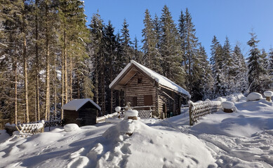 Hut in winter mountain ski resort