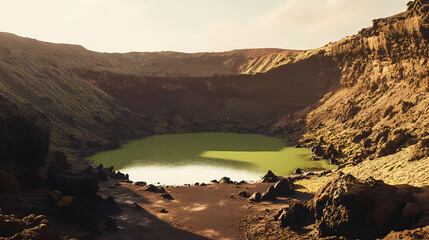 El golfo, lanzarote: a breathtaking green lagoon nestled within a volcanic crater. Lava Lagoon. Illustration