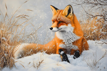 Obraz premium Majestic Red Fox in Pristine Snowy Wilderness: A Harmony of Color and Solitude in the Winter Landscape