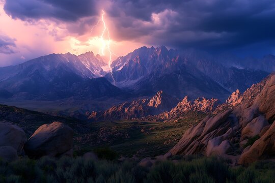 The rugged terrain of a mountain range during a summer thunderstorm, with dramatic lighting. - Powered by Adobe