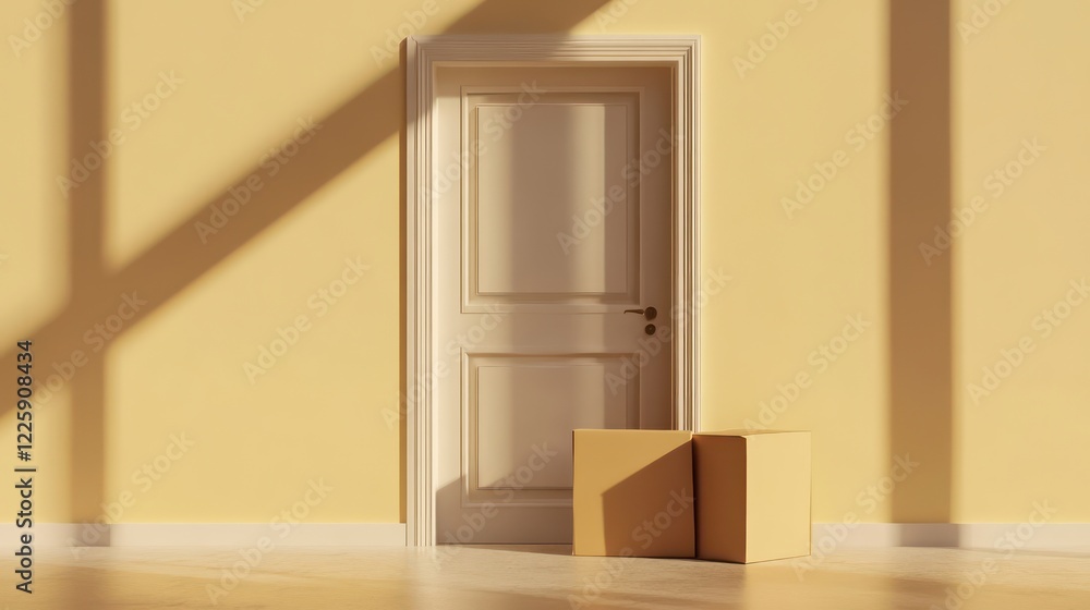 Poster 3d minimal door opening with parcel box or cardboard box with location 3d render