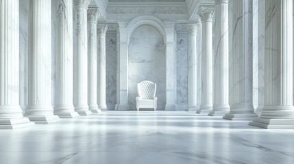 Fototapeta premium White throne in a grand hall with tall pillars.