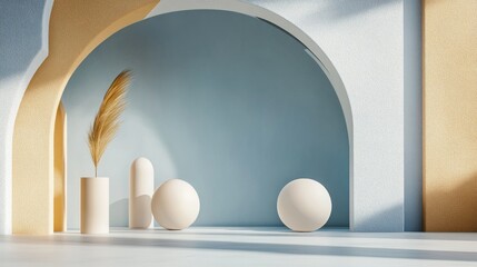 Fototapeta premium Minimalist interior with arches, pampas grass, and spheres.