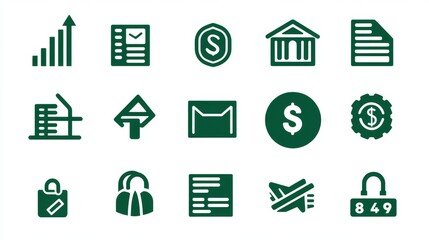 Finance icon set in green color. finance icon vector design collection. Money management related icon set. Contains loan, cash, saving, financial goal, profit, budget, vector illustration.