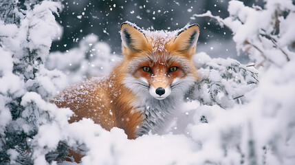 Obraz premium Majestic Red Fox in Pristine Snowy Wilderness: A Harmony of Color and Solitude in the Winter Landscape