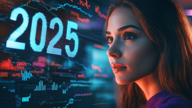 Businesswoman analyzing financial data projected on digital screen in 2025 - Powered by Adobe