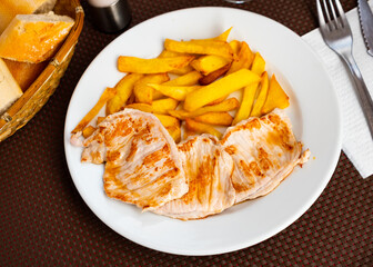 Fried juicy pork with boiled potatoes served on a plate