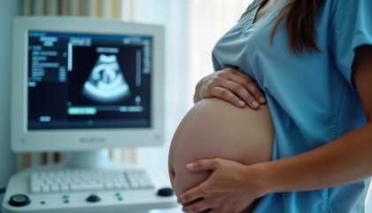 Pregnant woman in medical clinic. Ultrasound tech shows image of fetus on screen. Woman hands gently hold pregnant belly. Doctor medical pro in blue uniform. Focus on care, health. Clinical setting.