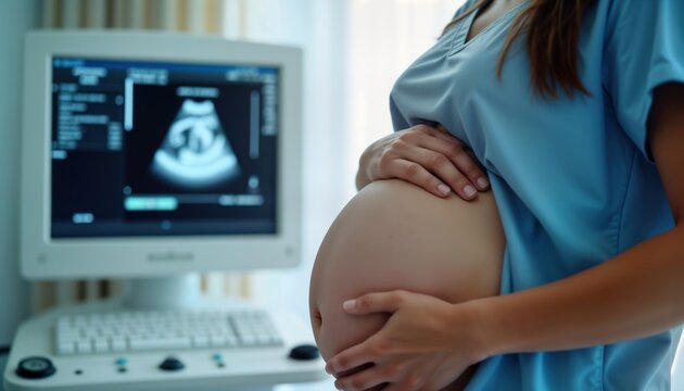 Pregnant woman in medical clinic. Ultrasound tech shows image of fetus on screen. Woman hands gently hold pregnant belly. Doctor medical pro in blue uniform. Focus on care, health. Clinical setting.