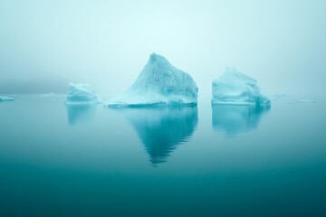 Obraz premium The stark beauty of an arctic landscape, with icebergs floating in calm, blue waters.