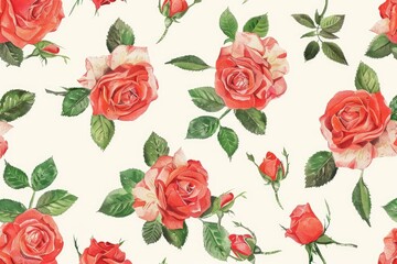 Elegant red rose bouquet repeat pattern on off-white background, perfect for textile prints, wallpapers, packaging design, and romantic-themed merchandise