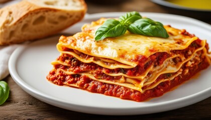 La deliciosa lasaña casera servida con pan fresco en una mesa rústica