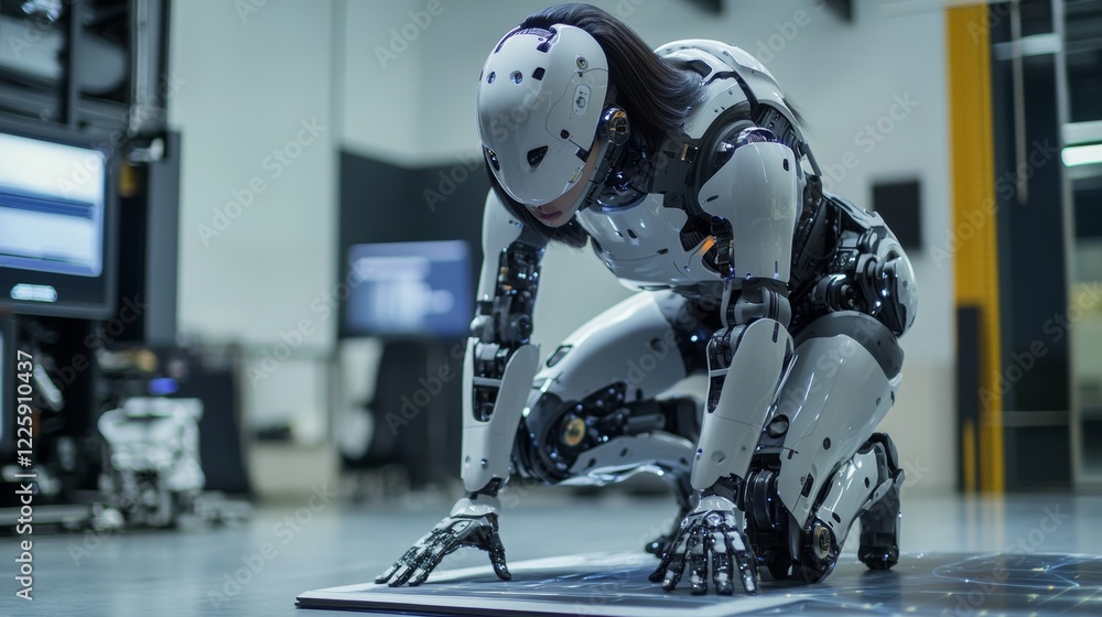Poster woman cyborg or robot with ai knelt down on futuristic platform in cyberspace. artificial intelligen