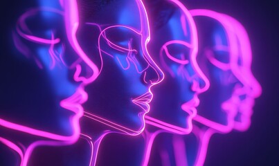 Multiple stylized human profiles, blue, with pink outlines.