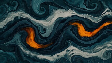 Fototapeta premium Abstract Swirling Ocean Waves Painting, Deep Blue and Orange Hues