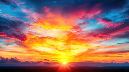 Vibrant sunset sky, fiery cloudscape, landscape panorama, nature background, ideal for travel brochures