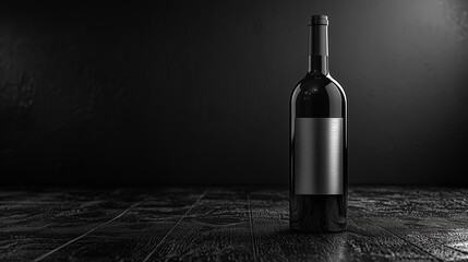 Wine Bottle with Blank Silver Metallic Label on Minimalistic Soft Dark Background