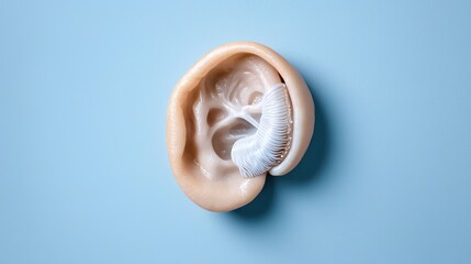 3D-printed human ear model on blue background; medical research, education