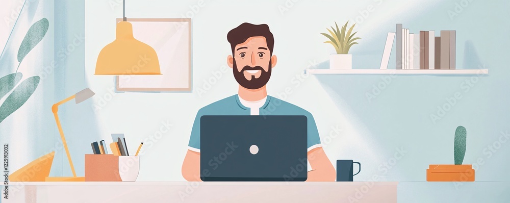 Poster freelancer smiling and working from home office using laptop