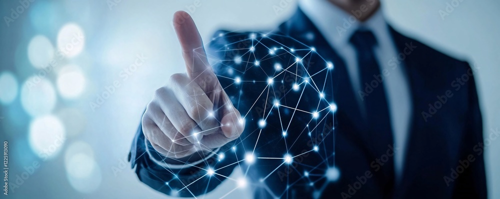 Poster Businessman pointing at network representing global connection in business