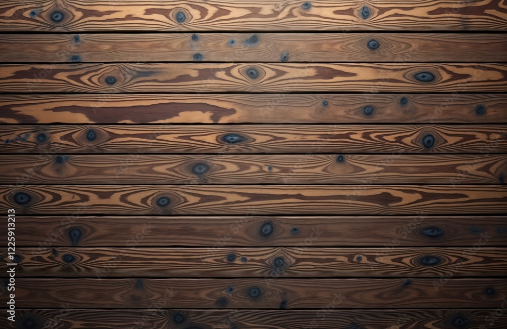 Poster Dark brown wooden planks form seamless texture background. Horizontal lines create natural pattern. Wood grain detail, knots add visual interest. Suitable for design projects requiring rustic vintage