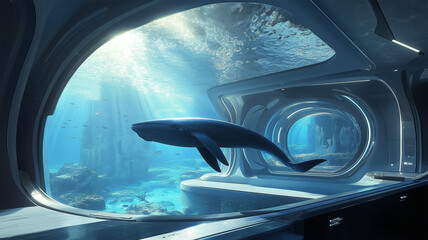 Naklejka premium ドーム型海中都市の窓越しにクジラを眺める未来的な光景