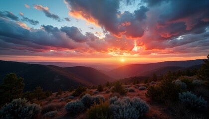 Spectacular sunset paints cloudy sky. Countryside hills covered in bush. Vivid colors blend with dramatic clouds. Scenic landscape view. Awesome nature scene.