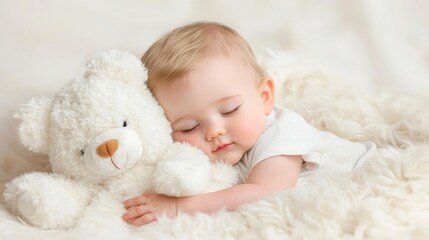 Baby sleeping soundly with teddy, fluffy blanket.  Peaceful nursery.  Perfect for baby products